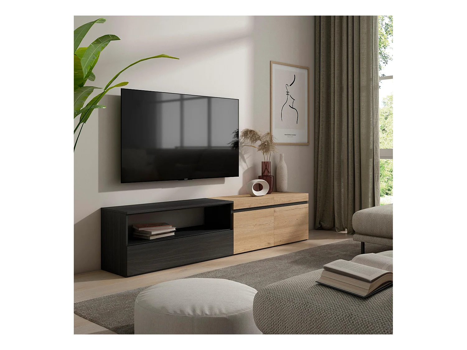 Meuble TV, Banc Télé, 200x35x45cm, Pour les TV jusqu'à 80", Meubles de salon, Chêne et noir