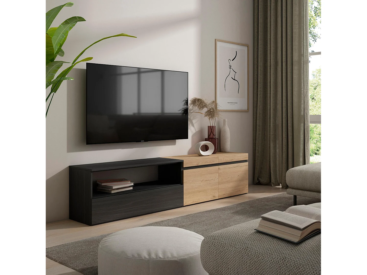 Meuble TV, Banc Télé, 200x35x45cm, Pour les TV jusqu'à 80", Meubles de salon, Chêne et noir