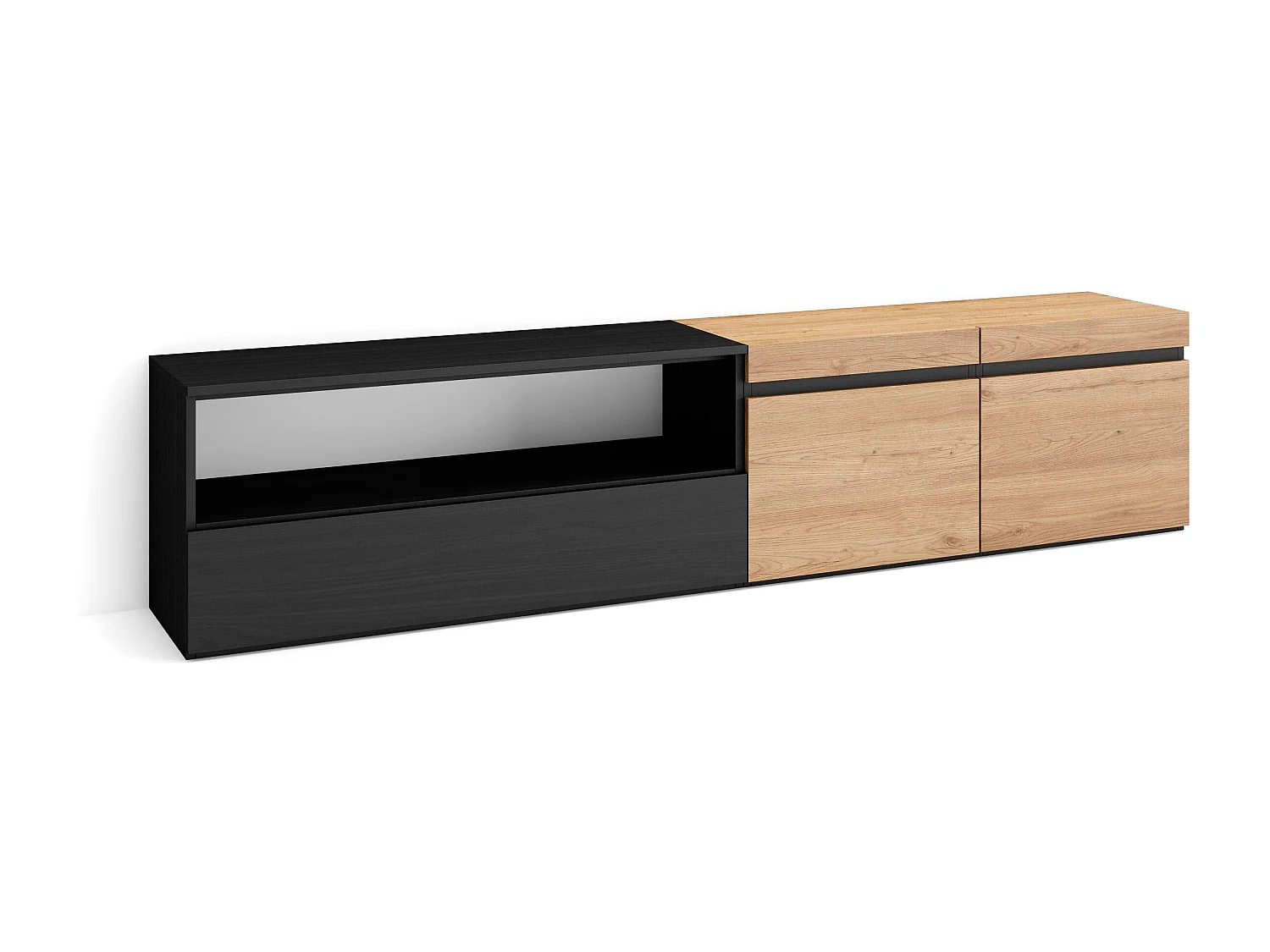 Meuble TV, Banc Télé, 200x35x45cm, Pour les TV jusqu'à 80", Meubles de salon, Chêne et noir