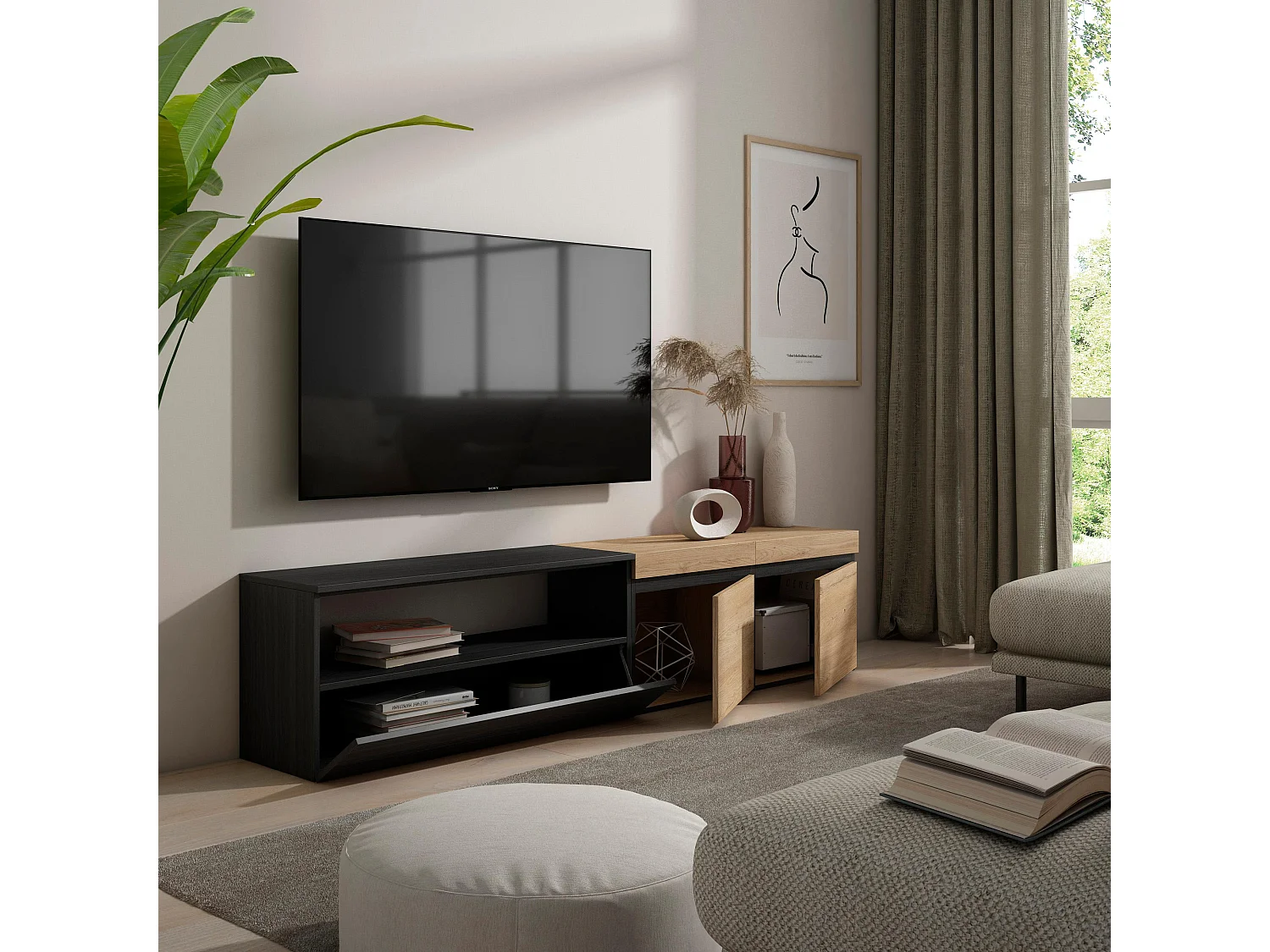 Meuble TV, Banc Télé, 200x35x45cm, Pour les TV jusqu'à 80", Meubles de salon, Chêne et noir