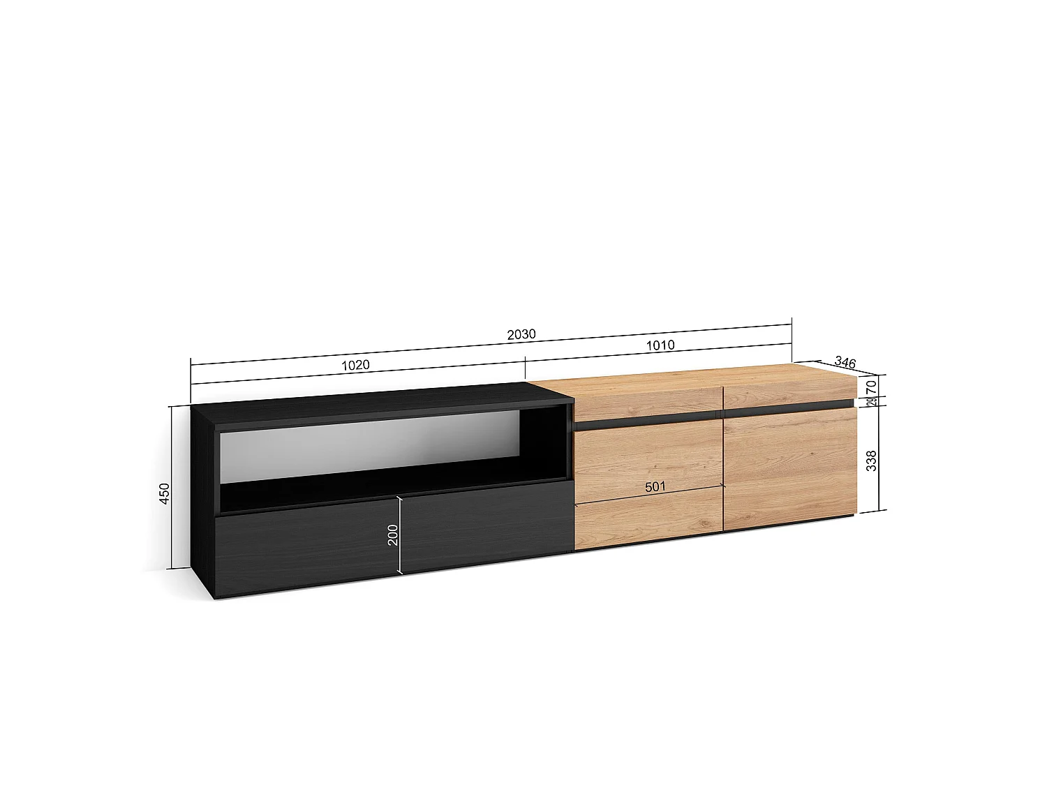 Meuble TV, Banc Télé, 200x35x45cm, Pour les TV jusqu'à 80", Meubles de salon, Chêne et noir