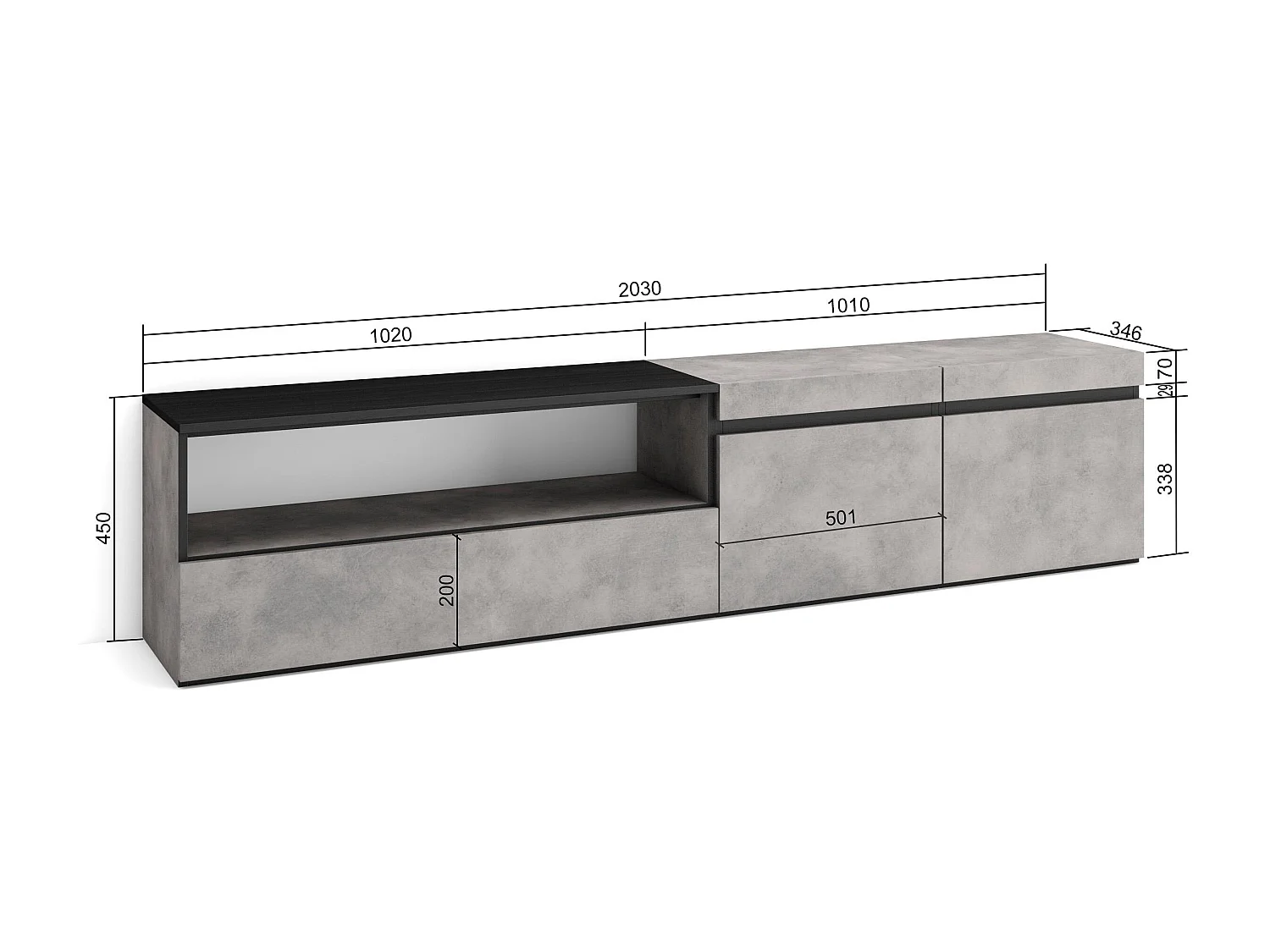 Móvel de TV, 200x35x45cm, Para televisores até 80", Estante para TV, Cimento
