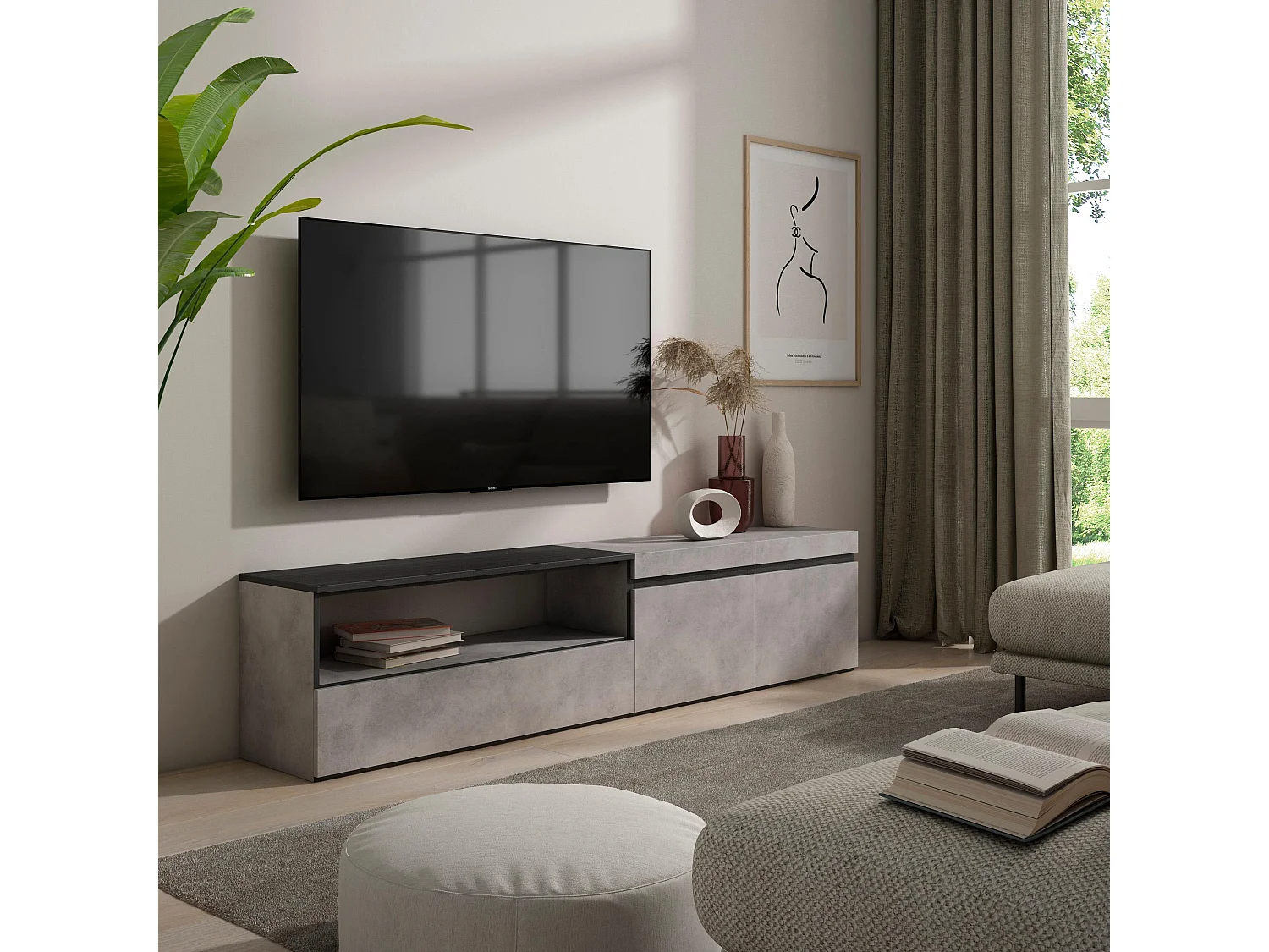 TV-Schrank, Lowboard, 200x35x45cm, Für TV-Geräte bis zu 80", Fernsehtisch, Zement