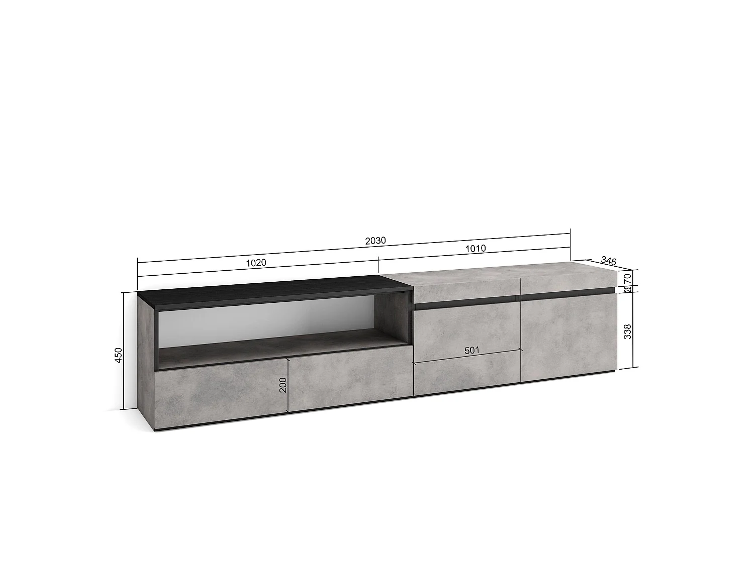 TV-Schrank, Lowboard, 200x35x45cm, Für TV-Geräte bis zu 80", Fernsehtisch, Zement