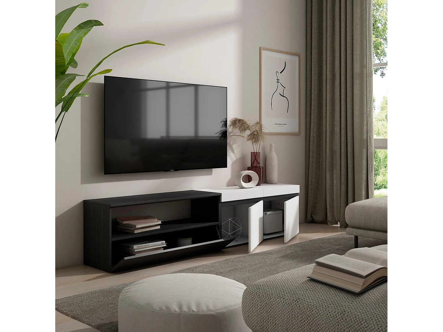 TV-Meubel, Lowboard, 200x35x45cm, Voor tv's tot 80", TV-Tafel, Wit en Zwart