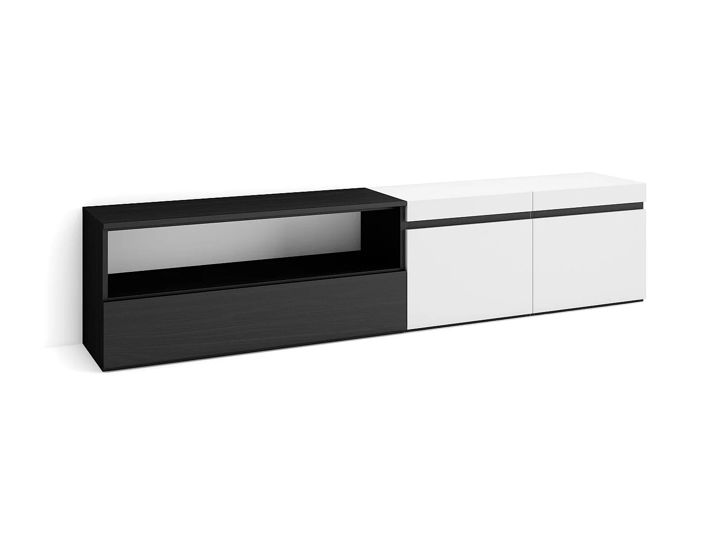Meuble TV, Banc Télé, 200x35x45cm, Pour les TV jusqu'à 80", Meubles de salon, Blanc et noir