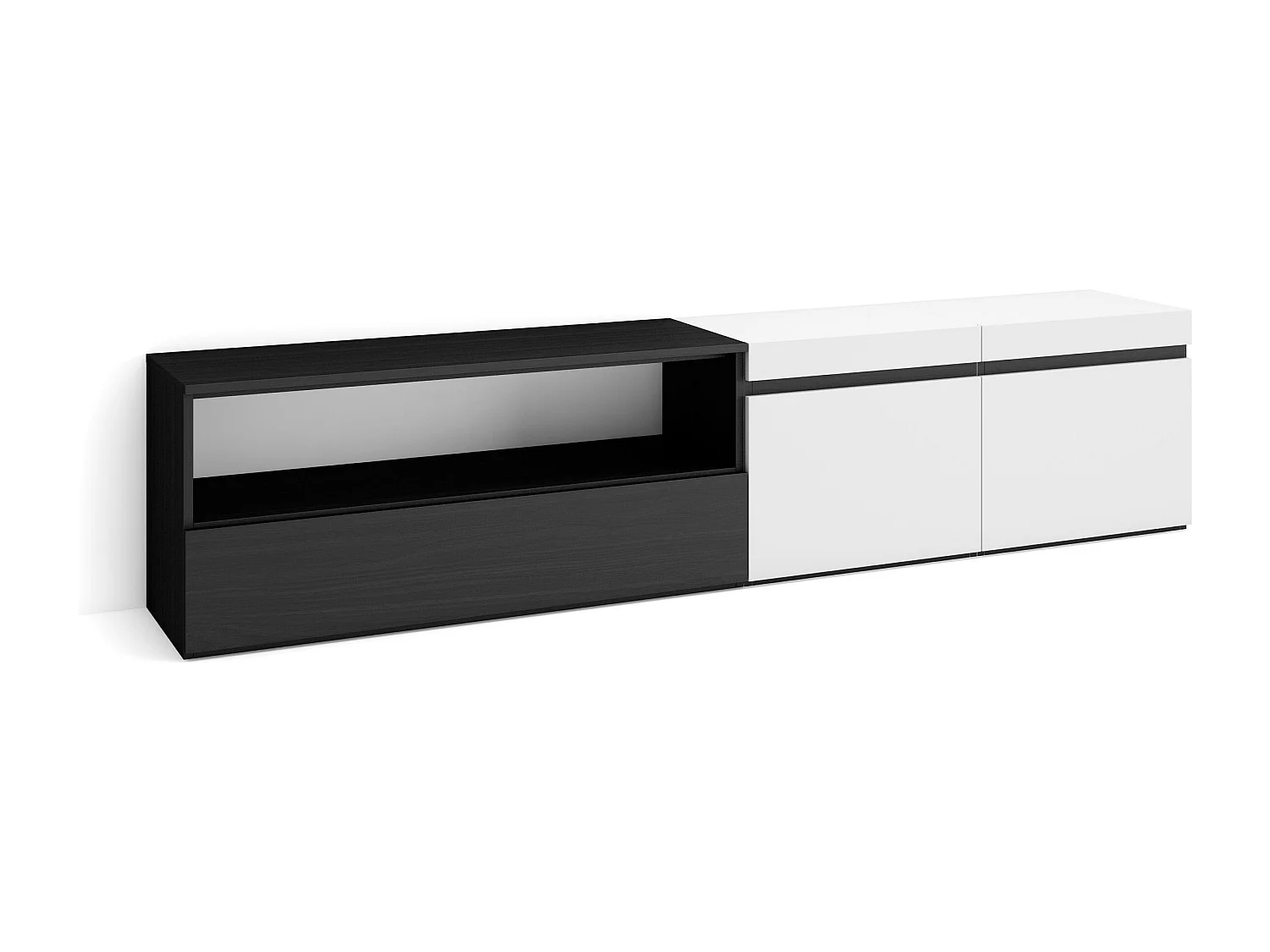 Meuble TV, Banc Télé, 200x35x45cm, Pour les TV jusqu'à 80", Meubles de salon, Blanc et noir