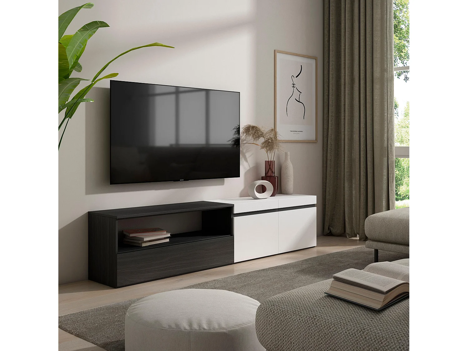 TV-Meubel, Lowboard, 200x35x45cm, Voor tv's tot 80", TV-Tafel, Wit en Zwart