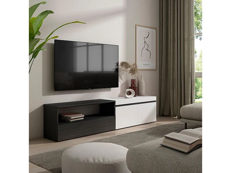 TV-Schrank, Lowboard, 200x35x45cm, Für TV-Geräte bis zu 80", Fernsehtisch, Weiß und Schwarz