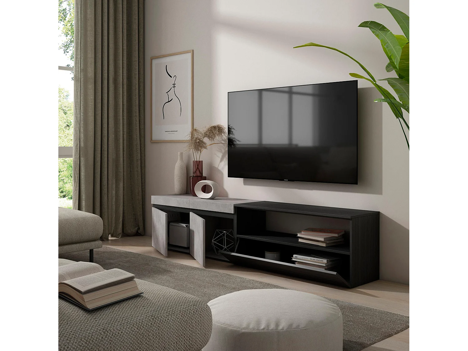 Meuble TV, Banc Télé, 200x35x45cm, Pour les TV jusqu'à 80", Meubles de salon, Ciment