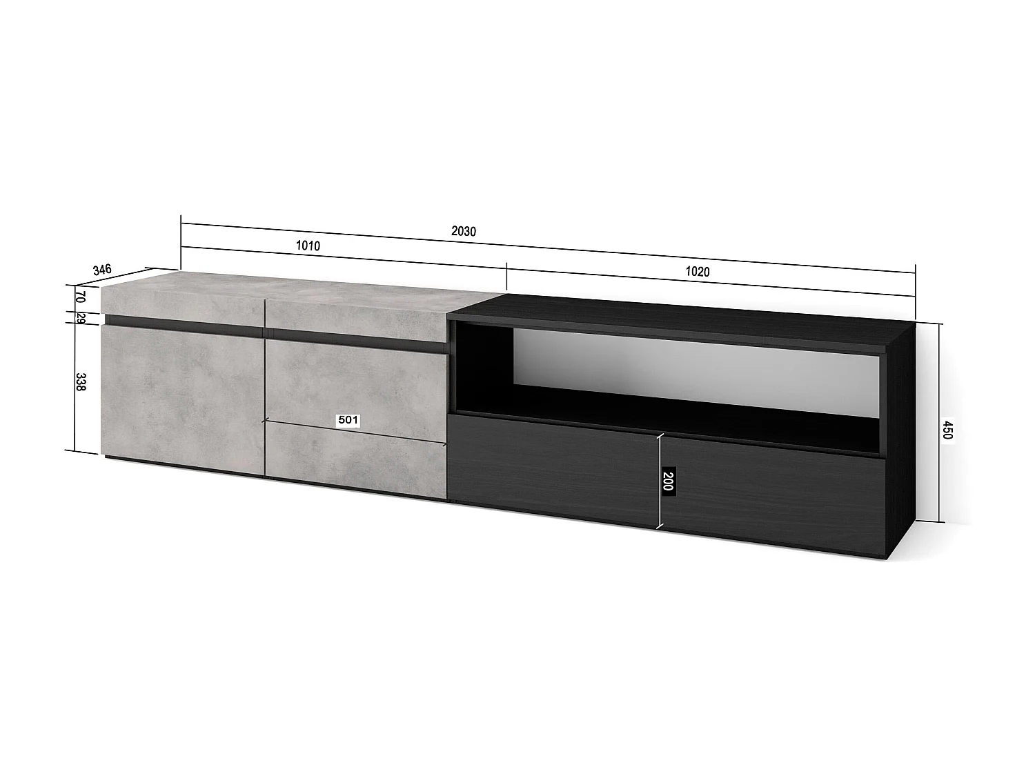 Meuble TV, Banc Télé, 200x35x45cm, Pour les TV jusqu'à 80", Meubles de salon, Ciment