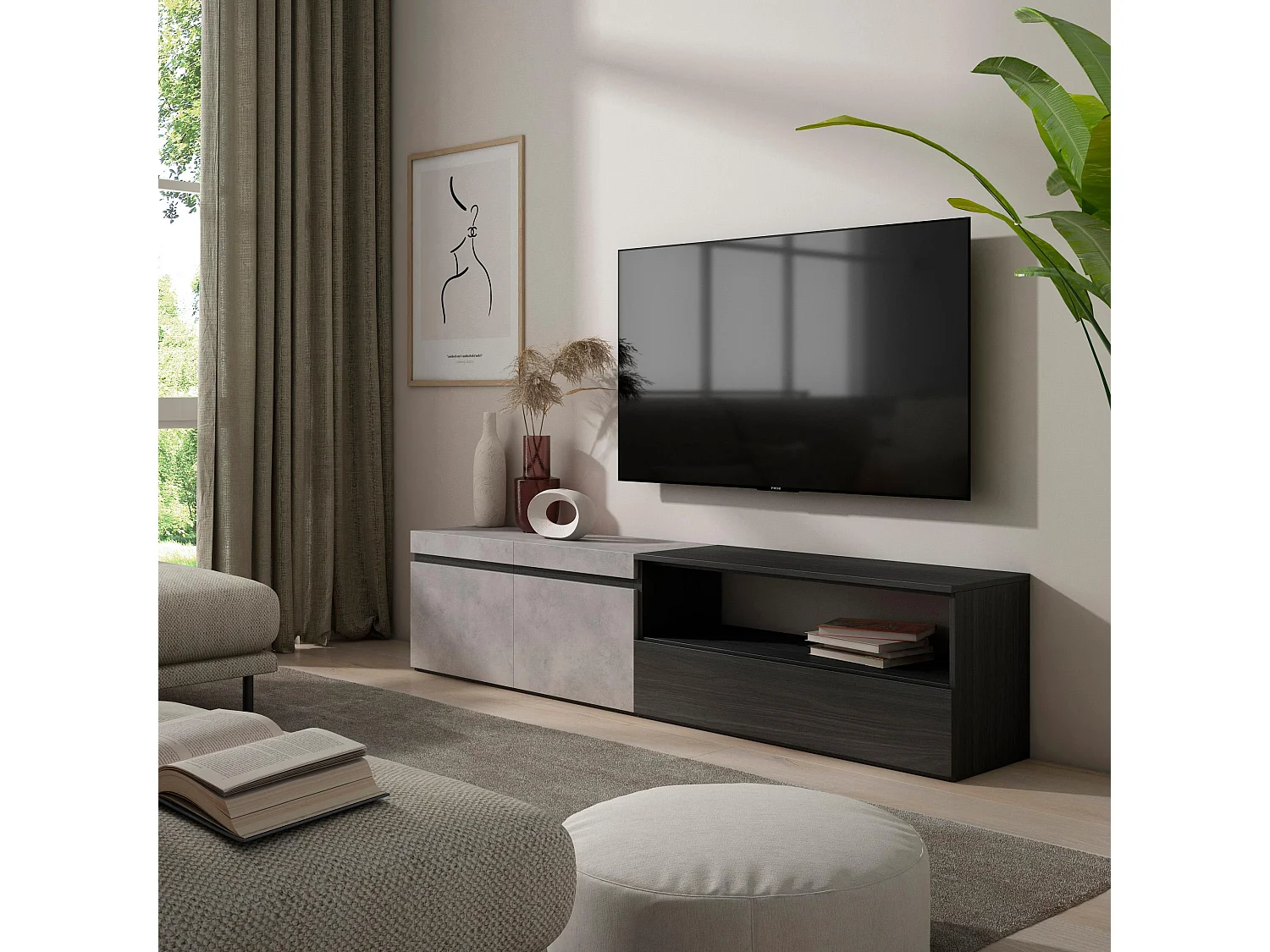 Meuble TV, Banc Télé, 200x35x45cm, Pour les TV jusqu'à 80", Meubles de salon, Ciment