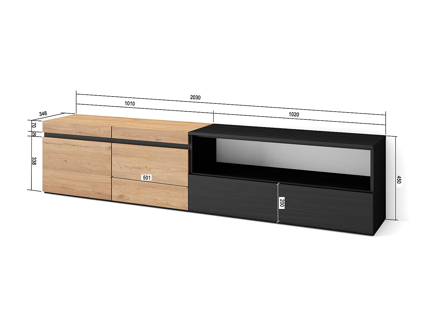 Meuble TV, Banc Télé, 200x35x45cm, Pour les TV jusqu'à 80", Meubles de salon, Chêne et noir