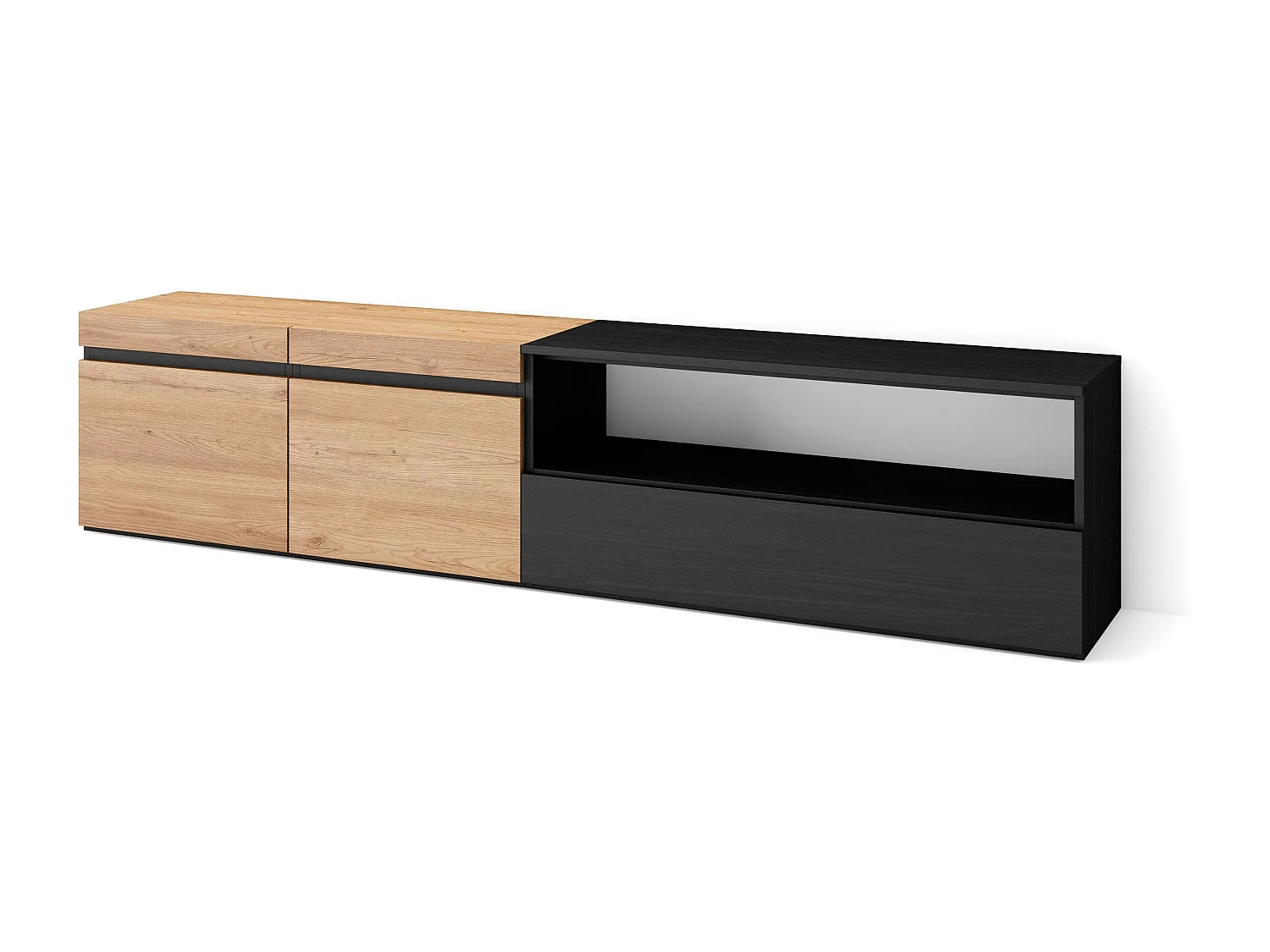 Meuble TV, Banc Télé, 200x35x45cm, Pour les TV jusqu'à 80", Meubles de salon, Chêne et noir