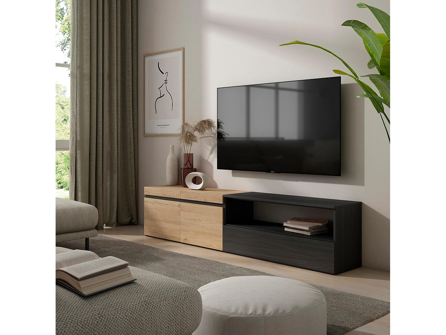 Meuble TV, Banc Télé, 200x35x45cm, Pour les TV jusqu'à 80", Meubles de salon, Chêne et noir