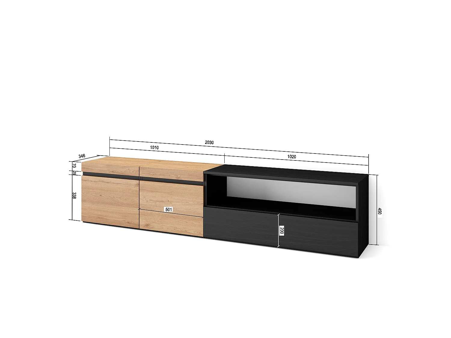 Meuble TV, Banc Télé, 200x35x45cm, Pour les TV jusqu'à 80", Meubles de salon, Chêne et noir