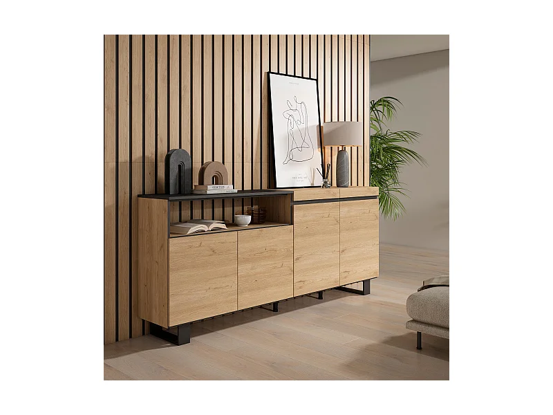 Aparadores para salón, 200x35x87cm, 4 Puertas, Diseño industrial, Roble y negro