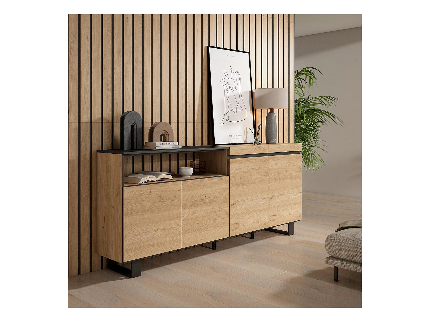 Sideboard, Highboard, 200x35x87cm, 4 Türen, Industriedesign, Eiche Schwarz