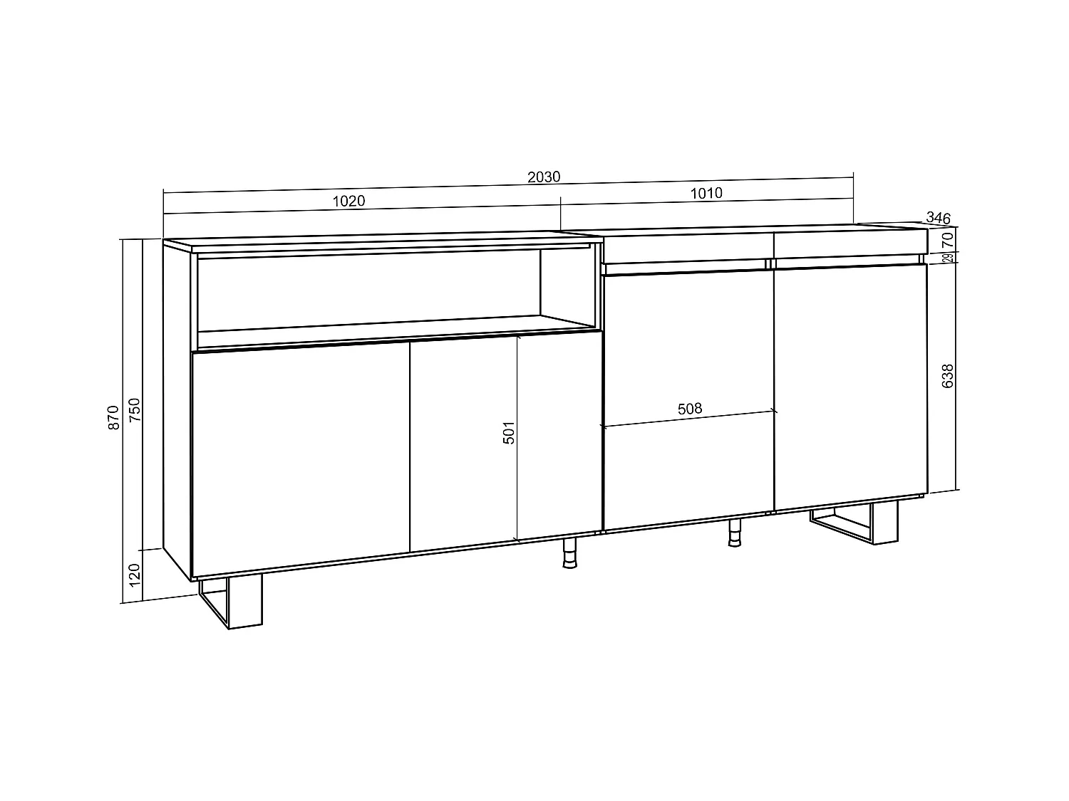 Sideboard, Highboard, 200x35x87cm, 4 Türen, Industriedesign, Eiche Schwarz