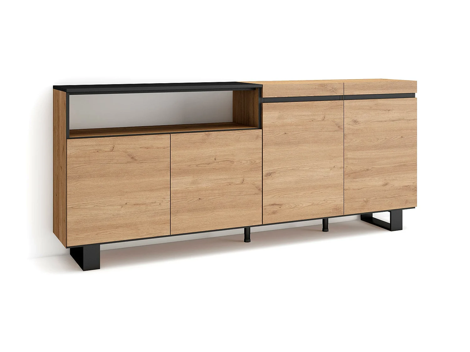 Buffet salon et cuisine, 200x35x87cm, 4 Portes, Design industriel, Chêne et noir