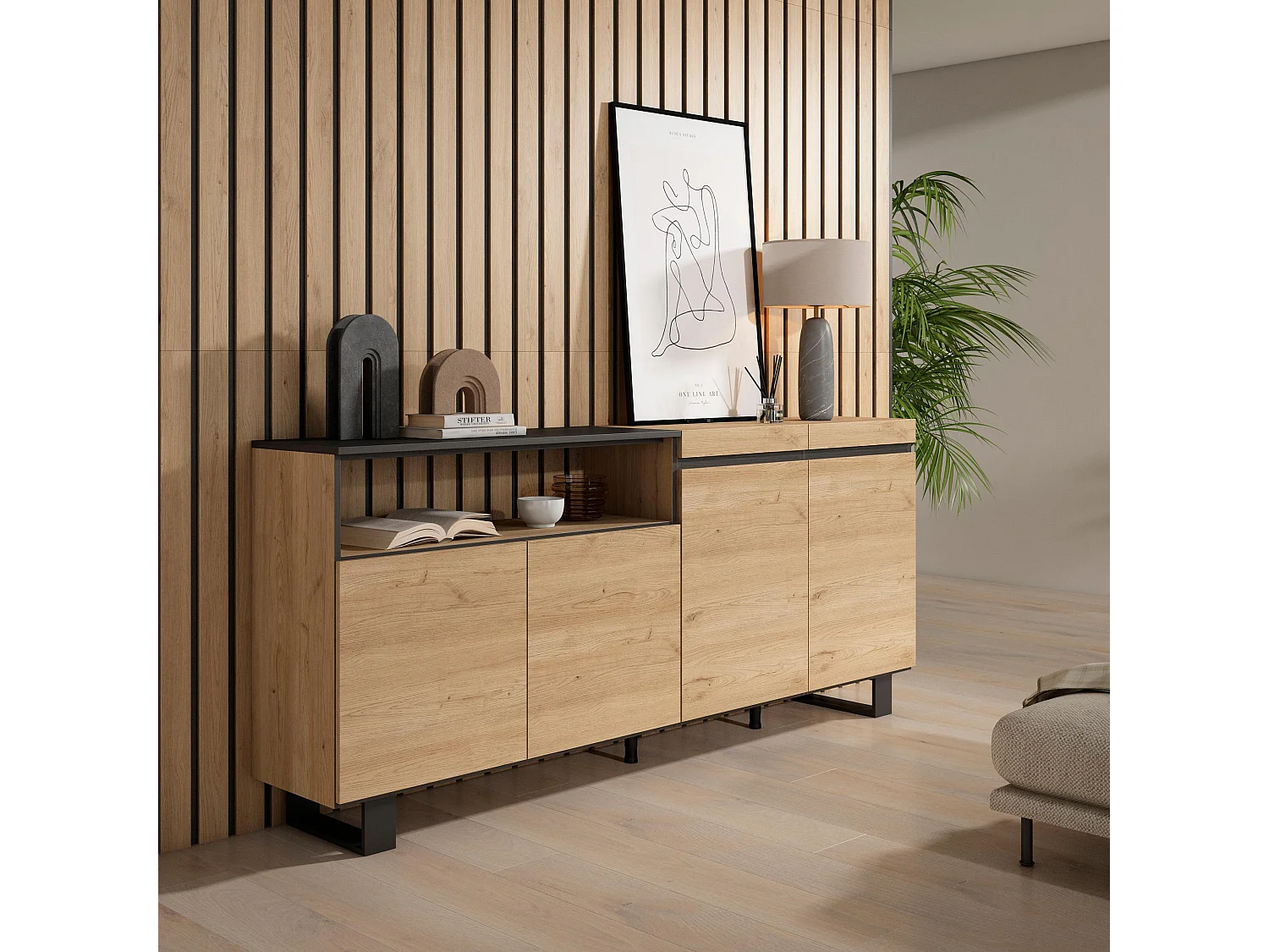 Buffet salon et cuisine, 200x35x87cm, 4 Portes, Design industriel, Chêne et noir