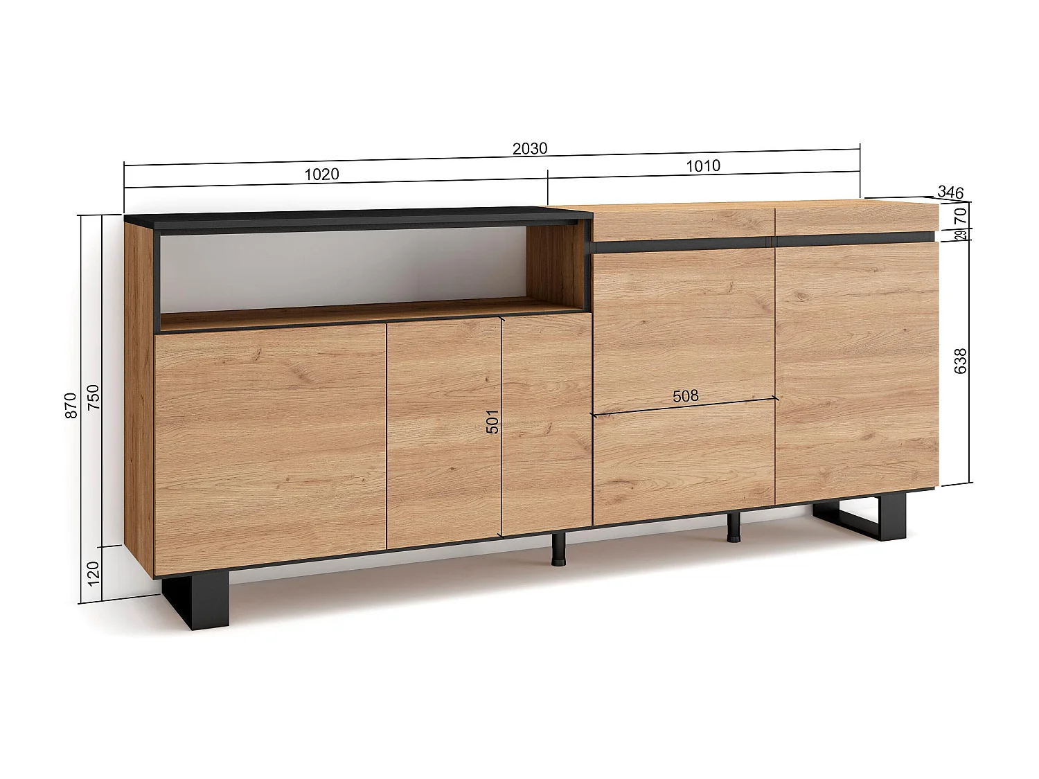 Buffet salon et cuisine, 200x35x87cm, 4 Portes, Design industriel, Chêne et noir