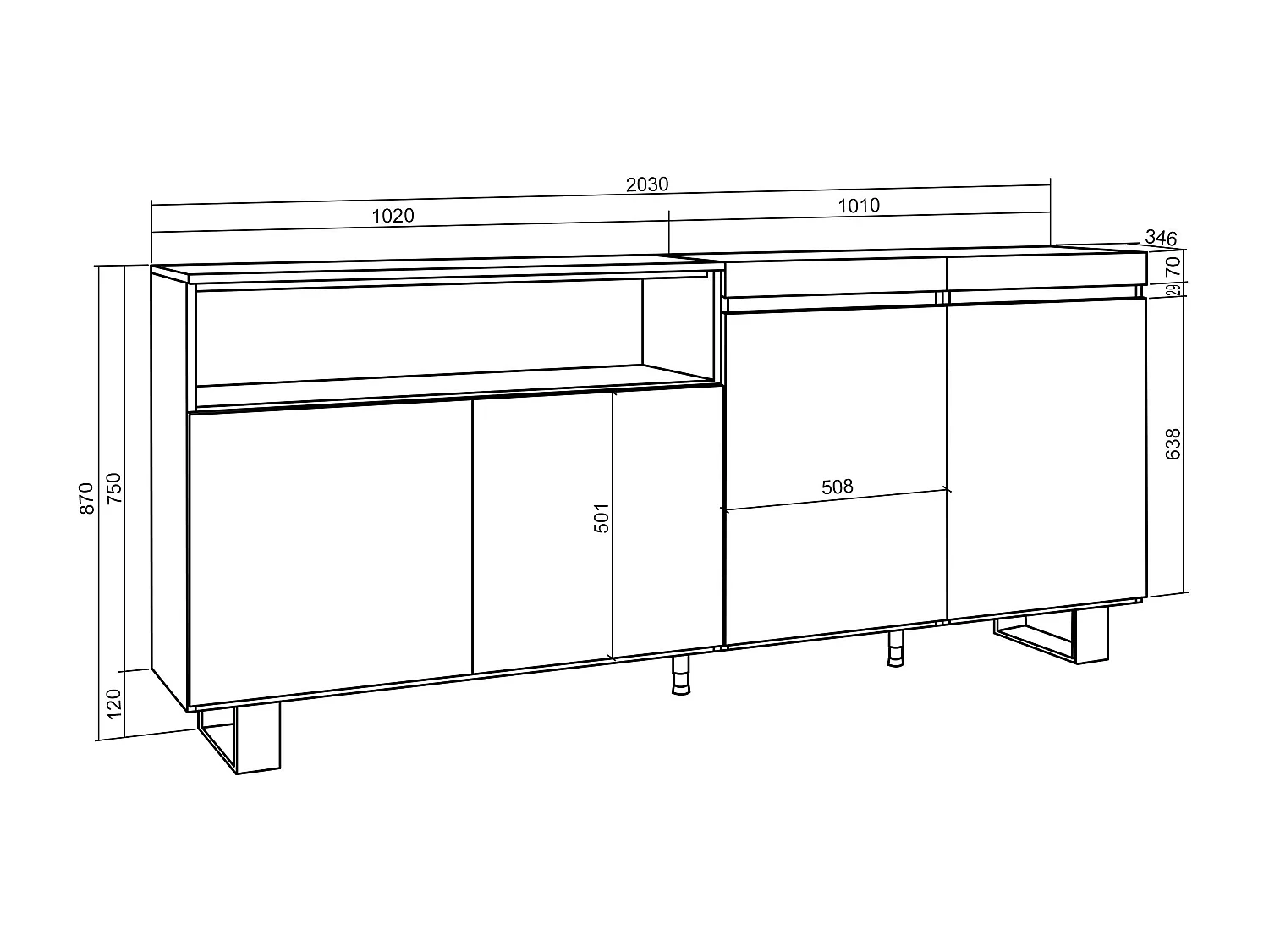 Buffet salon et cuisine, 200x35x87cm, 4 Portes, Design industriel, Chêne et noir