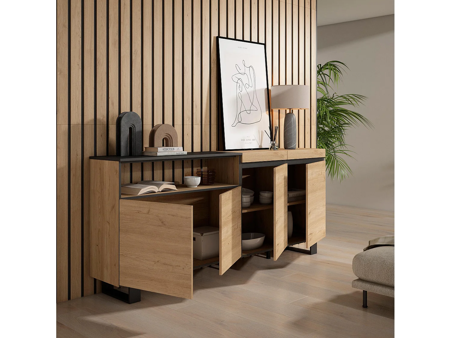 Buffet salon et cuisine, 200x35x87cm, 4 Portes, Design industriel, Chêne et noir