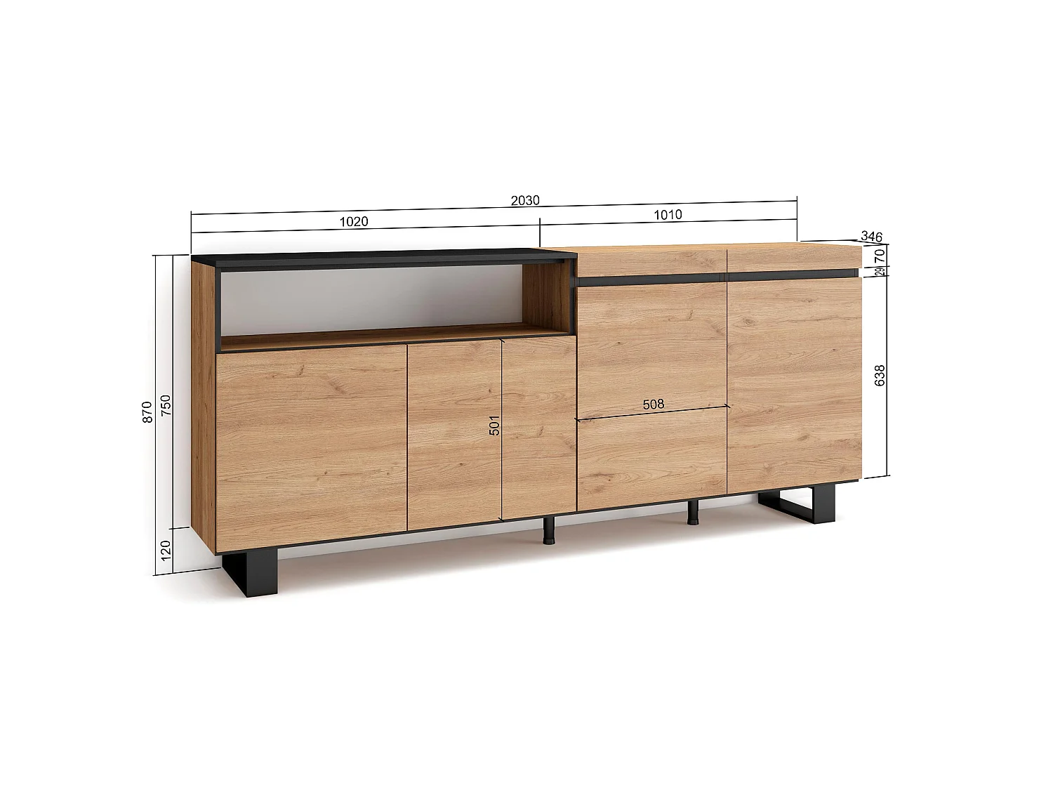 Buffet salon et cuisine, 200x35x87cm, 4 Portes, Design industriel, Chêne et noir