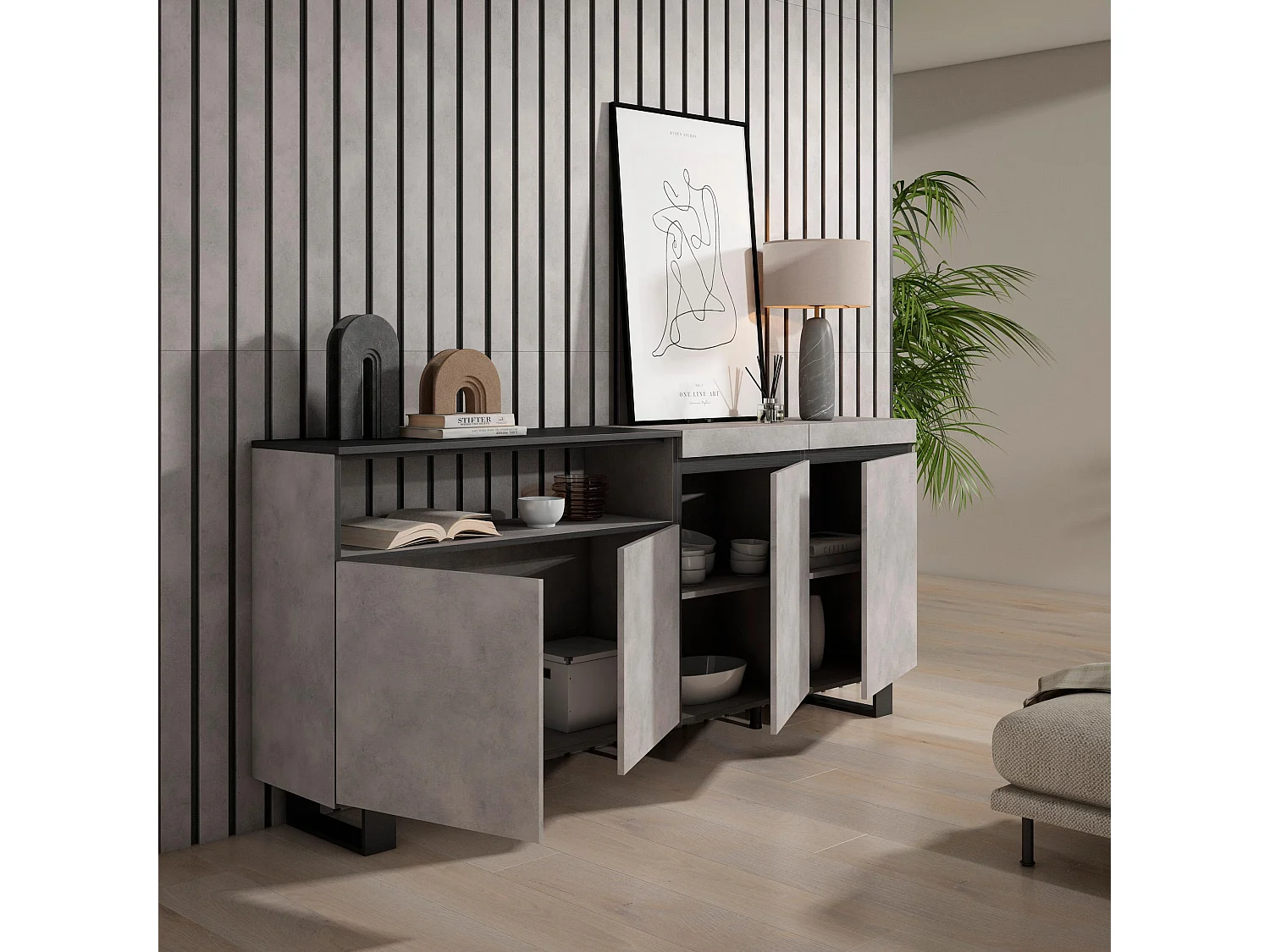 Dressoir, Opbergkast, 200x35x87cm, 4 Deuren, Industrieel design, Cement