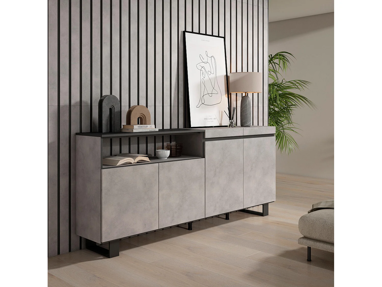 Buffet salon et cuisine, 200x35x87cm, 4 Portes, Design industriel, Ciment