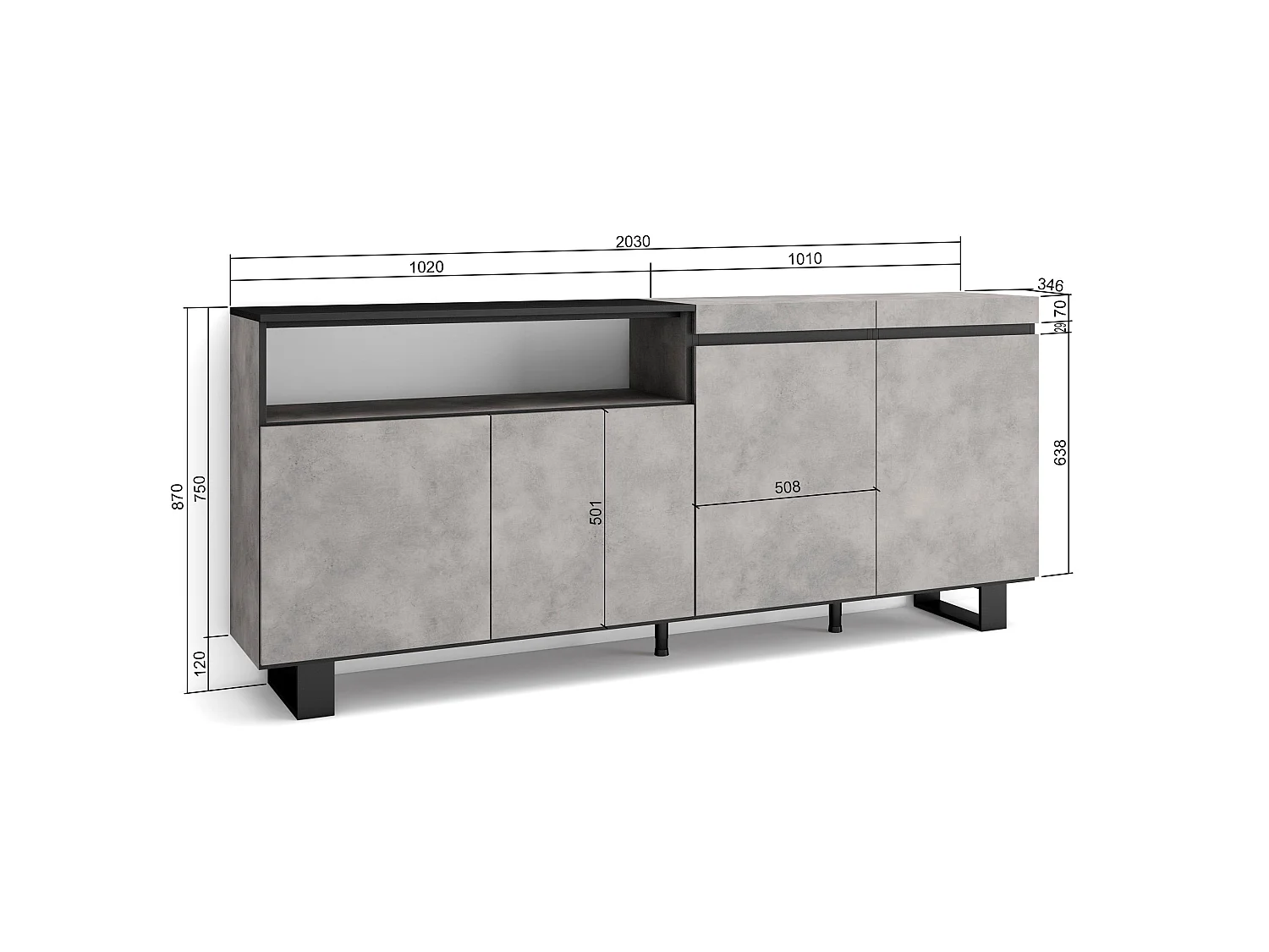 Buffet salon et cuisine, 200x35x87cm, 4 Portes, Design industriel, Ciment