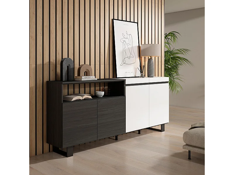 Credenza, Mobile, Cucina, 200x35x87cm, 4 Porte, Design industriale, Bianco e nero