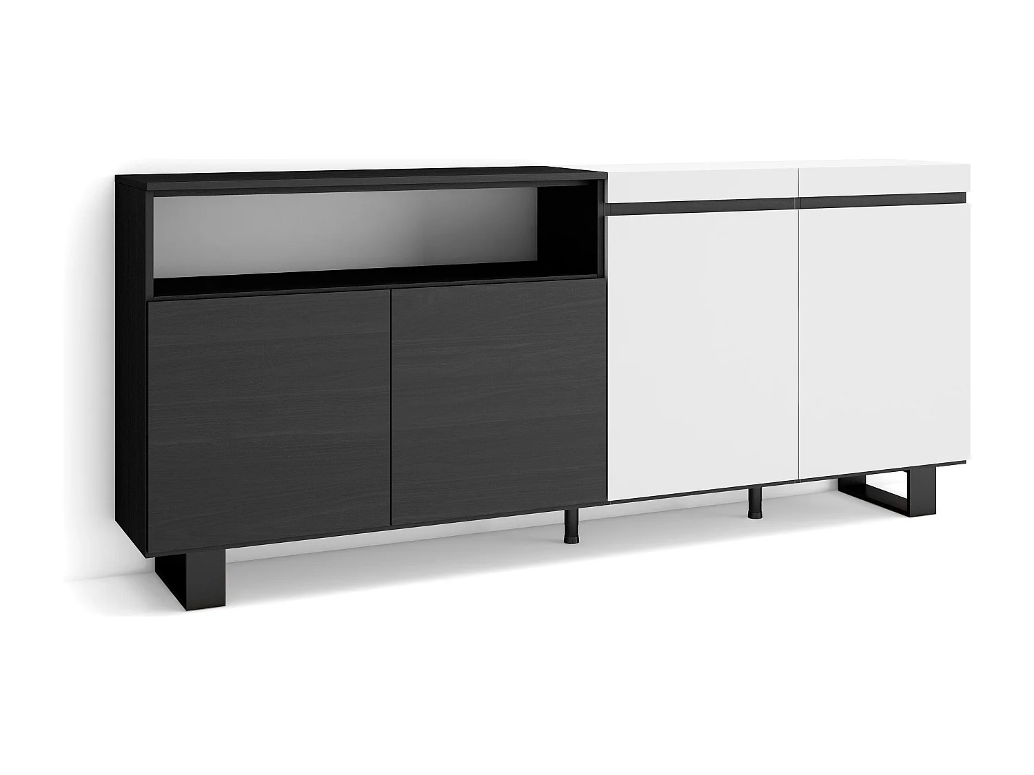 Aparadores para salón, 200x35x87cm, 4 Puertas, Diseño industrial, Blanco y negro