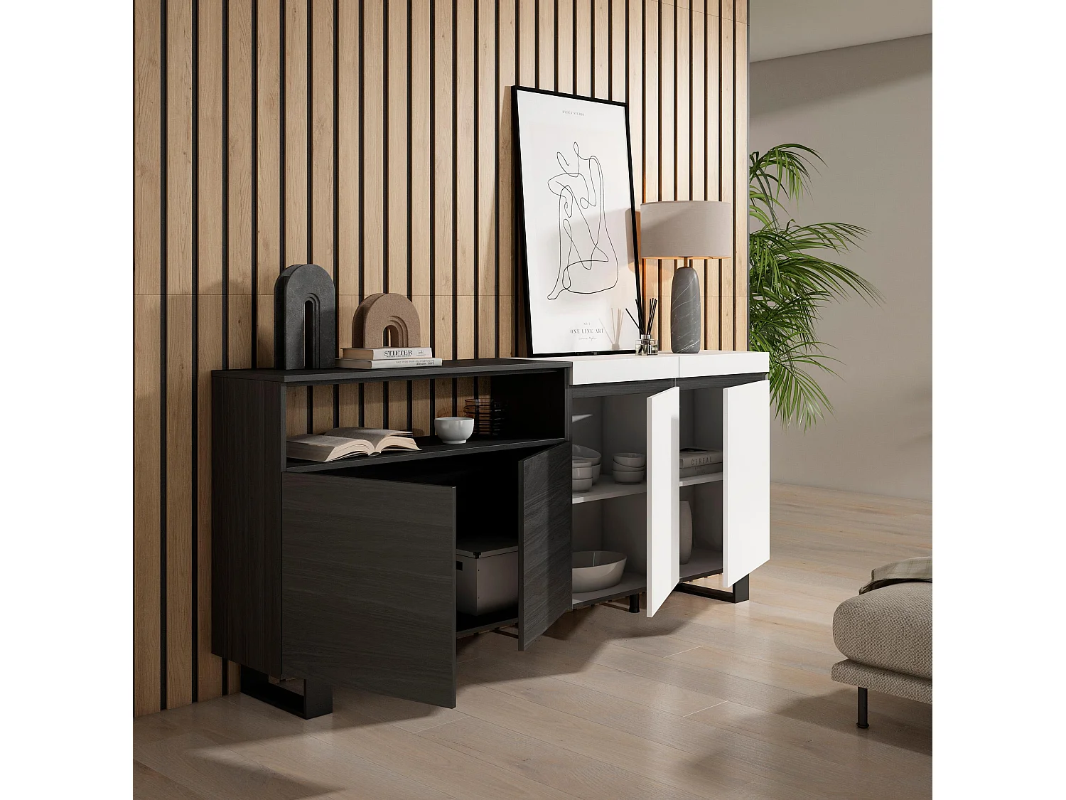 Aparadores para salón, 200x35x87cm, 4 Puertas, Diseño industrial, Blanco y negro