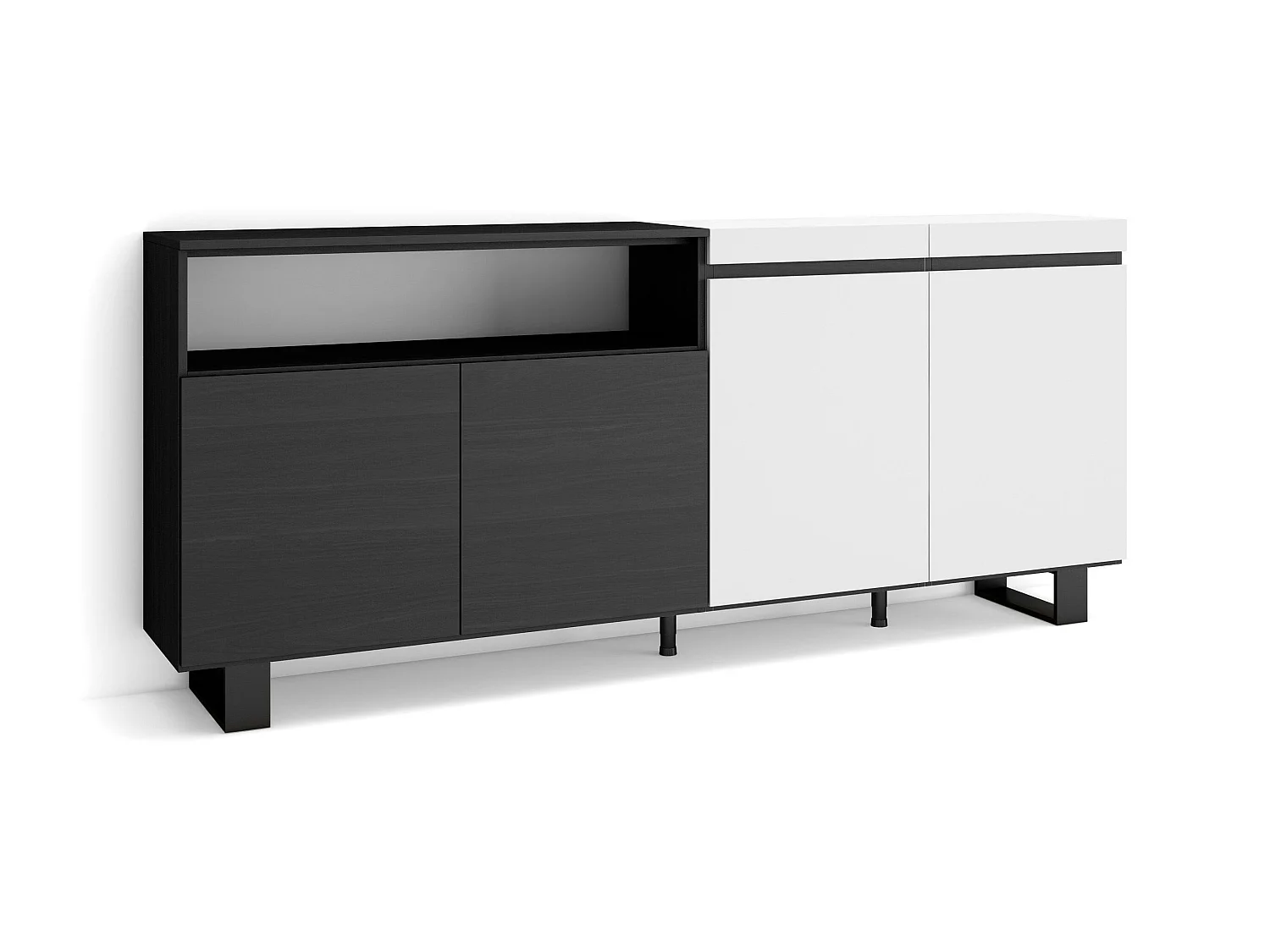 Buffet salon et cuisine, 200x35x87cm, 4 Portes, Design industriel, Blanc et noir