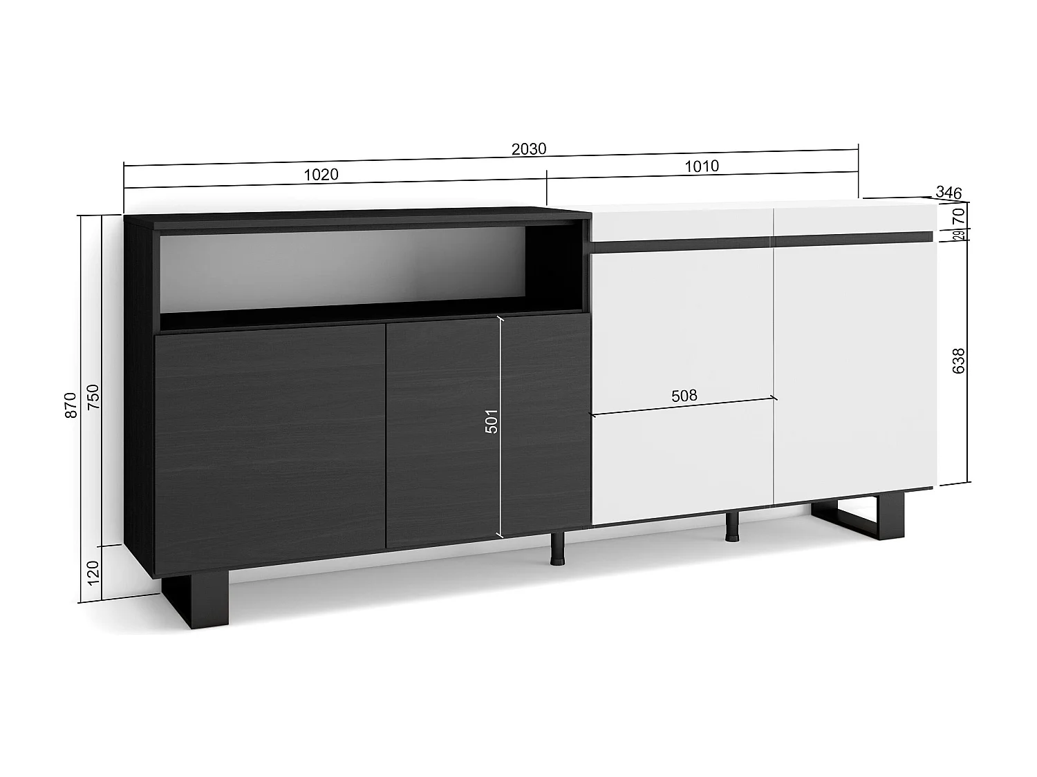 Dressoir, Opbergkast, 200x35x87cm, 4 Deuren, Industrieel design, Wit en Zwart