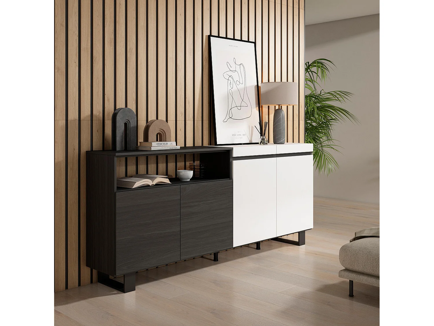 Sideboard, Highboard, 200x35x87cm, 4 Türen, Industriedesign, Weiß und Schwarz