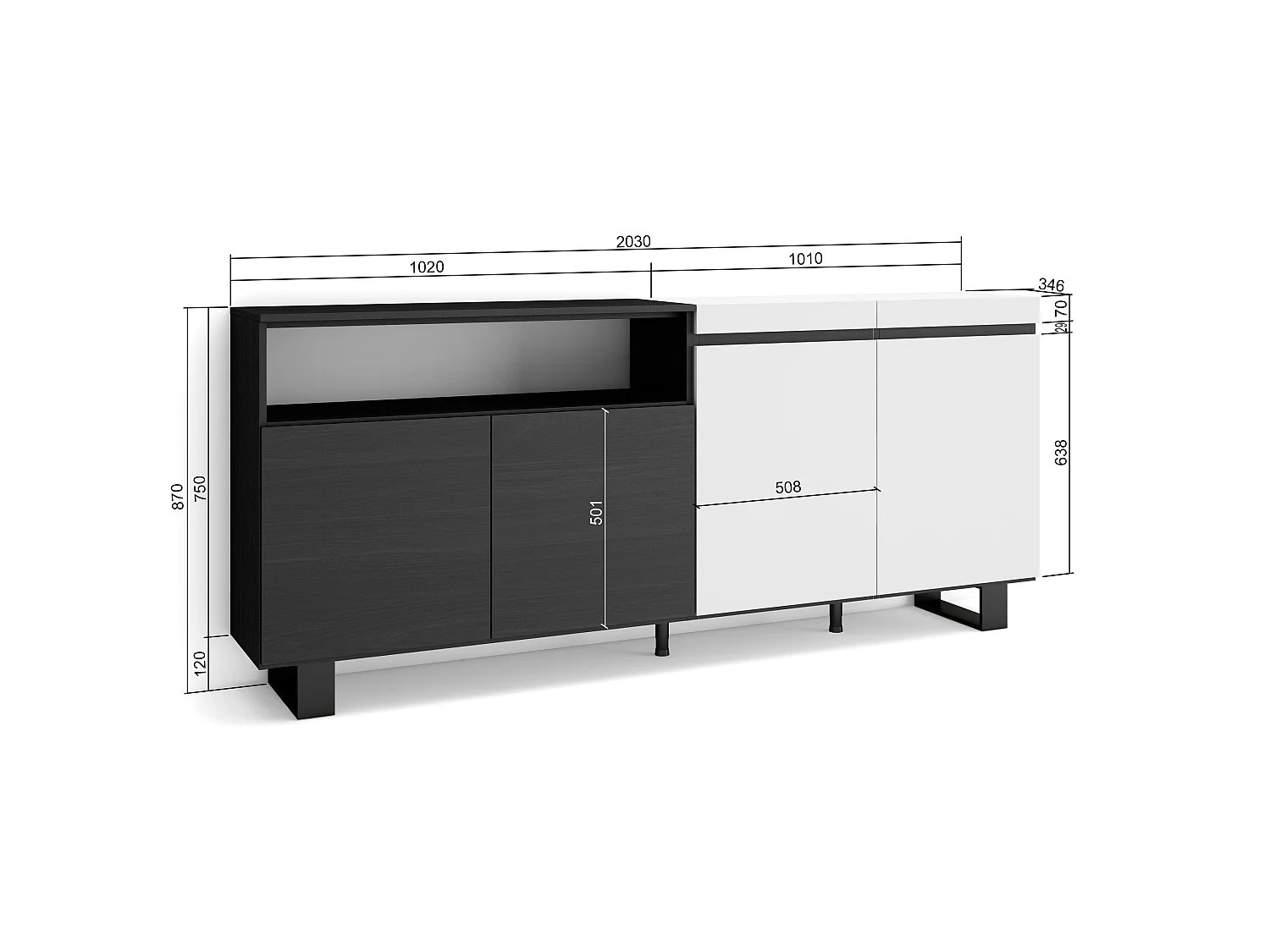 Sideboard, Highboard, 200x35x87cm, 4 Türen, Industriedesign, Weiß und Schwarz
