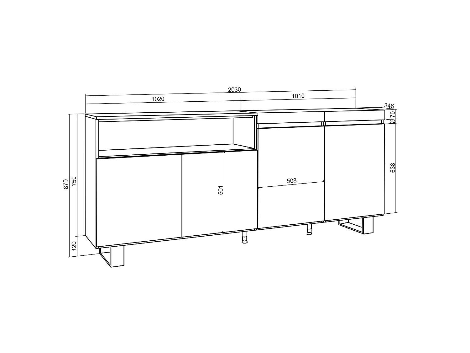 Sideboard, Highboard, 200x35x87cm, 4 Türen, Industriedesign, Weiß und Schwarz