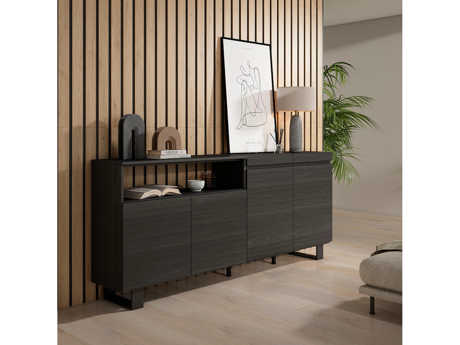 Buffet salon et cuisine, 200x35x87cm, 4 Portes, Design industriel, Noir