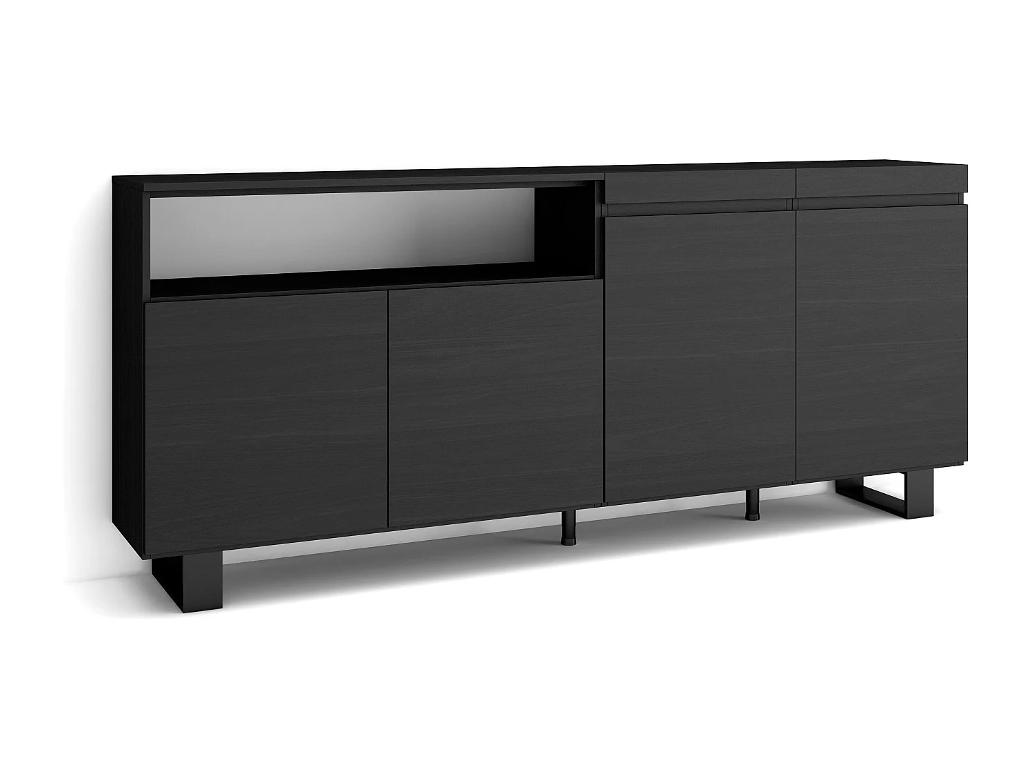 Buffet salon et cuisine, 200x35x87cm, 4 Portes, Design industriel, Noir