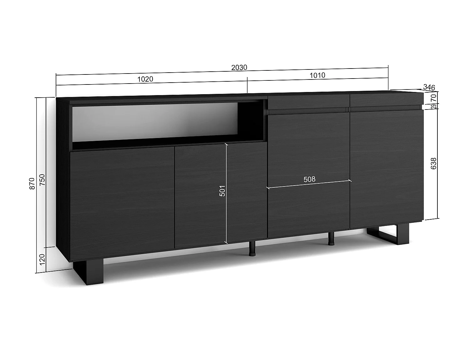 Buffet salon et cuisine, 200x35x87cm, 4 Portes, Design industriel, Noir