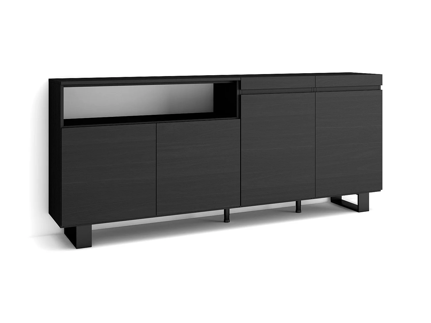 Buffet salon et cuisine, 200x35x87cm, 4 Portes, Design industriel, Noir