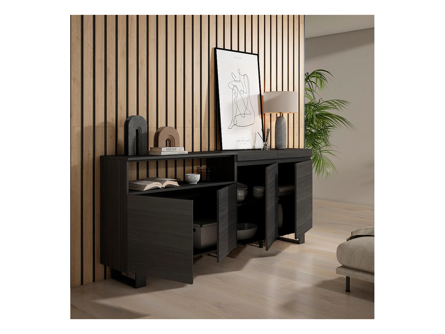 Sideboard, Highboard, 200x35x87cm, 4 Türen, Industriedesign, Schwarz