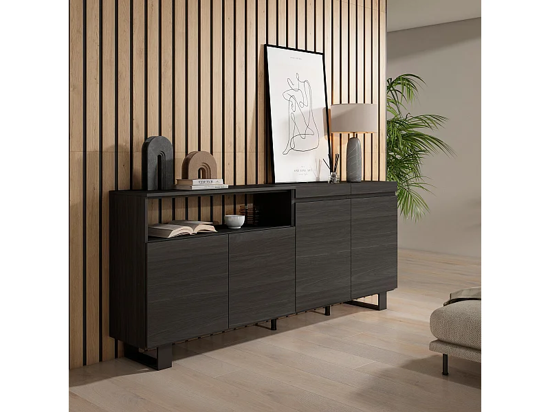Buffet salon et cuisine, 200x35x87cm, 4 Portes, Design industriel, Noir