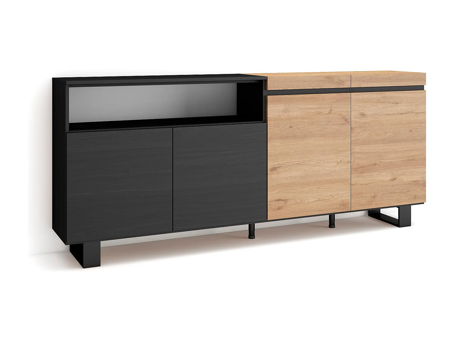 Aparador sala de jantar, 200x35x87cm, 4 Portas, Design industrial, Carvahlo e preto