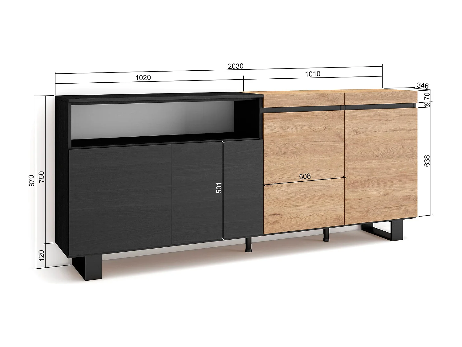 Aparador sala de jantar, 200x35x87cm, 4 Portas, Design industrial, Carvahlo e preto