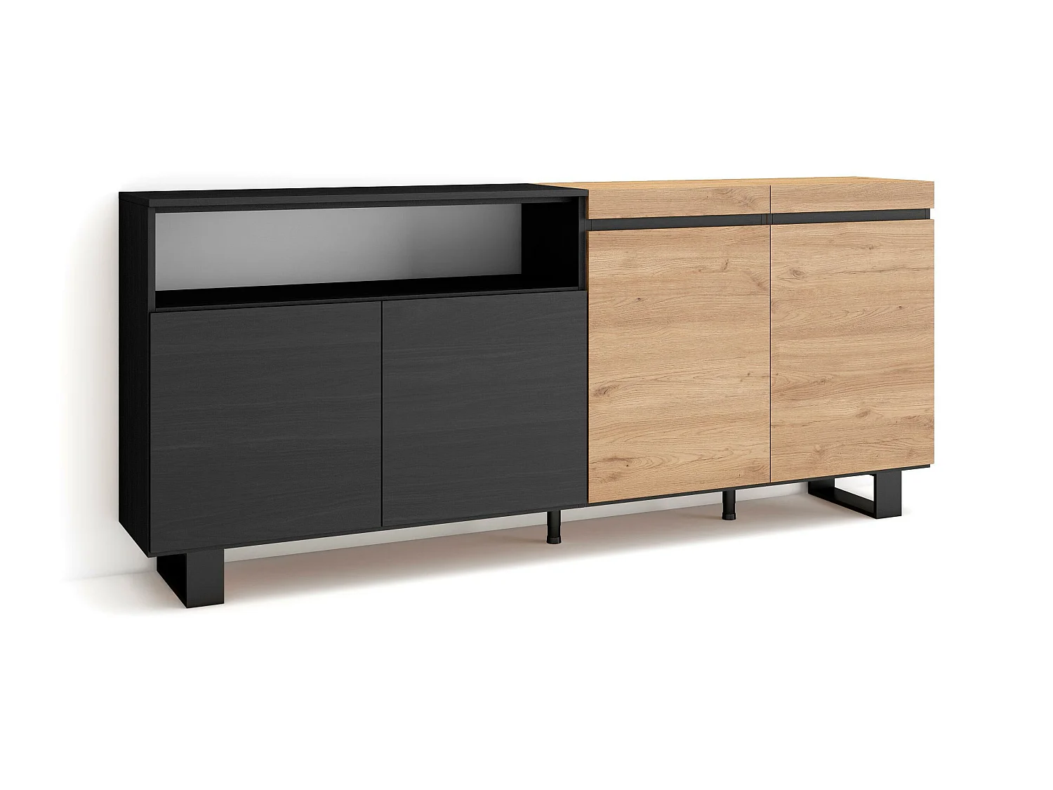 Buffet salon et cuisine, 200x35x87cm, 4 Portes, Design industriel, Chêne et noir