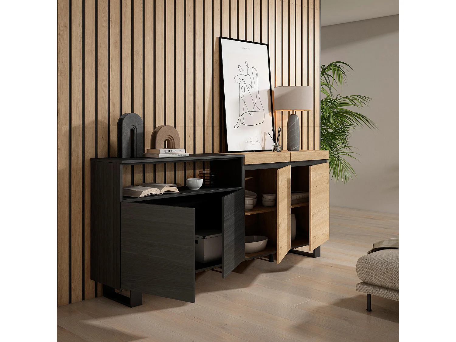 Dressoir, Opbergkast, 200x35x87cm, 4 Deuren, Industrieel design, Eiken/Zwart